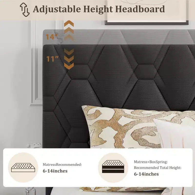 Cadre de lit plateforme King avec tête de lit capitonnée et support à lattes en bois, base de matelas capitonnée/pas besoin de sommier/assemblage facile, beige