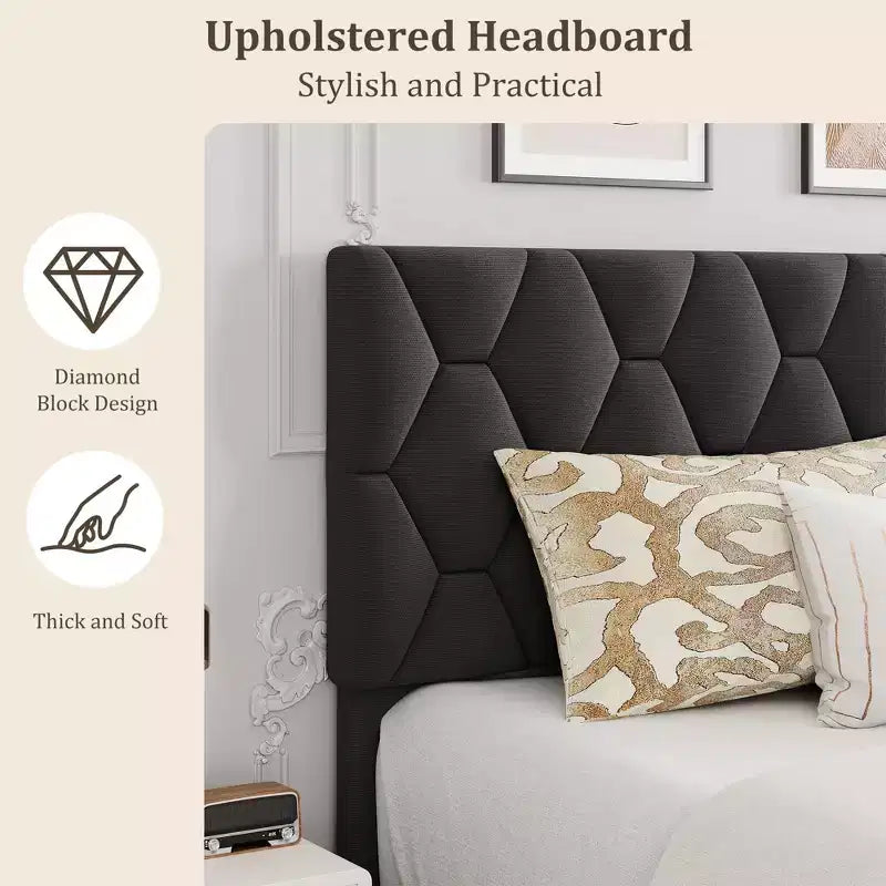 Cadre de lit plateforme King avec tête de lit capitonnée et support à lattes en bois, base de matelas capitonnée/pas besoin de sommier/assemblage facile, beige