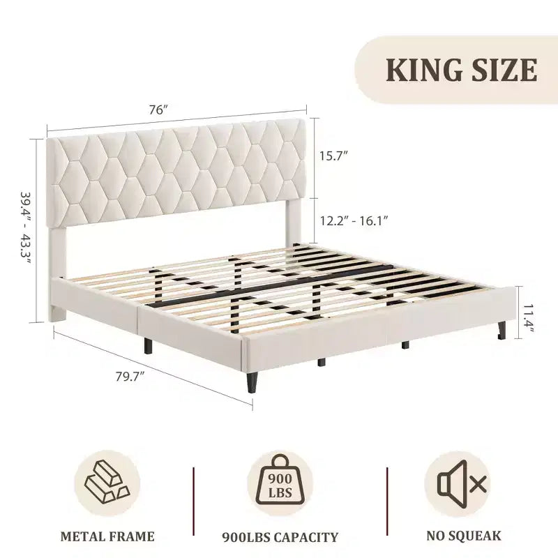 Cadre de lit plateforme King avec tête de lit capitonnée et support à lattes en bois, base de matelas capitonnée/pas besoin de sommier/assemblage facile, beige