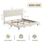 Cadre de lit plateforme King avec tête de lit capitonnée et support à lattes en bois, base de matelas capitonnée/pas besoin de sommier/assemblage facile, beige