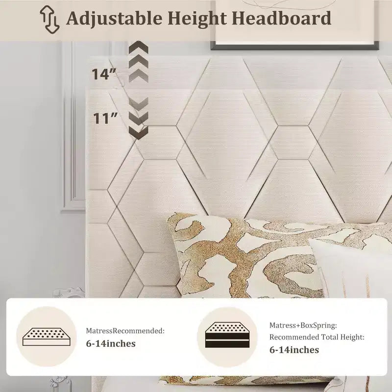 Cadre de lit plateforme King avec tête de lit capitonnée et support à lattes en bois, base de matelas capitonnée/pas besoin de sommier/assemblage facile, beige