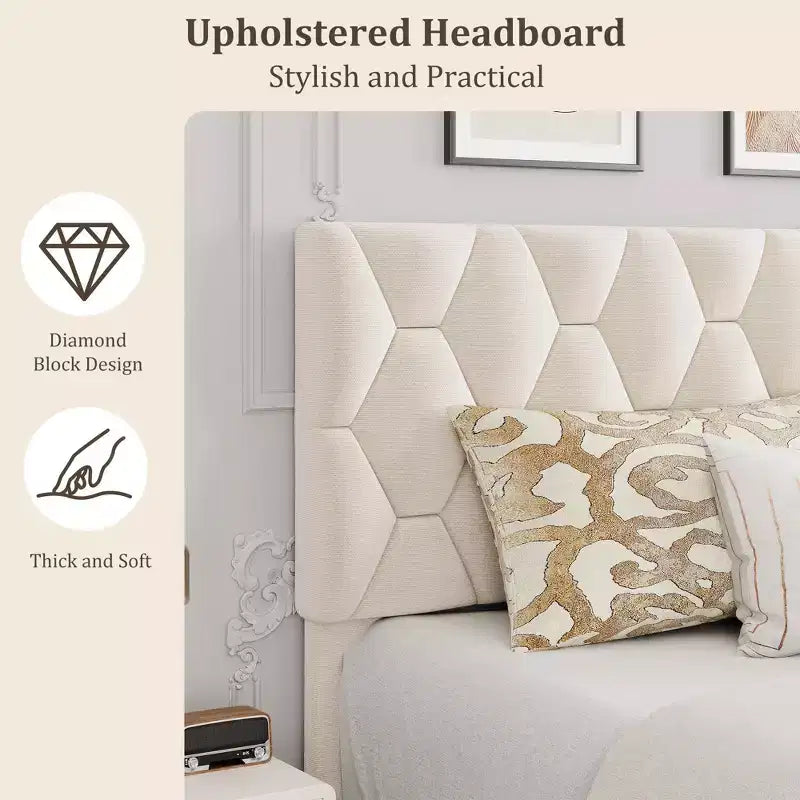 Cadre de lit plateforme King avec tête de lit capitonnée et support à lattes en bois, base de matelas capitonnée/pas besoin de sommier/assemblage facile, beige