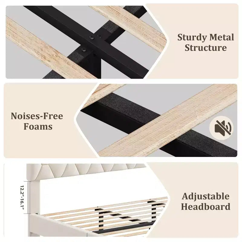 Cadre de lit plateforme King avec tête de lit capitonnée et support à lattes en bois, base de matelas capitonnée/pas besoin de sommier/assemblage facile, beige
