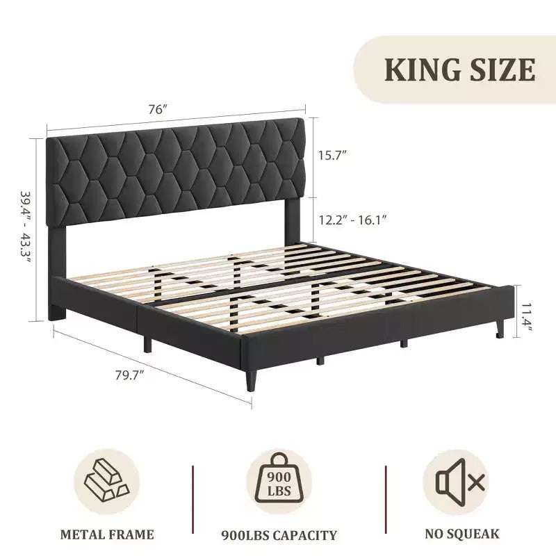 Cadre de lit plateforme King avec tête de lit capitonnée et support à lattes en bois, base de matelas capitonnée/pas besoin de sommier/assemblage facile, beige