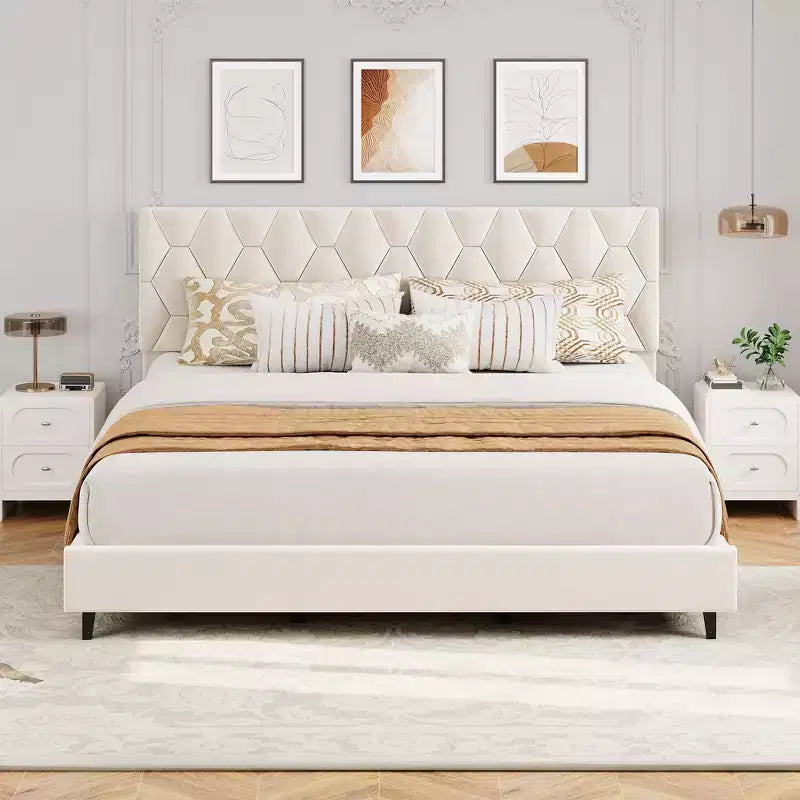 King Platform Bed Frame w/Upholstered Headboard & Wooden Slats Support, Upholstered Mattress Foundation/No Box Spring Needed/Easy Assembly, Beige