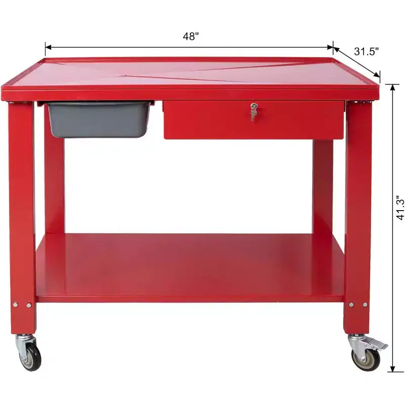 Poste de travail pour démontage de transmissions - Établi en acier de 1/2 tonne avec plateau inclinable, bac de récupération et tiroirs verrouillables (Rouge)
