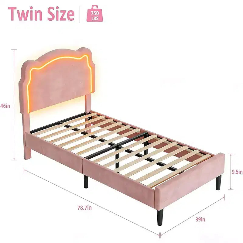 Cadre de lit double rembourré à LED pour enfants, cadre de lit plateforme princesse en velours avec tête de lit, support à lattes en bois, pas besoin de sommier tapissier
