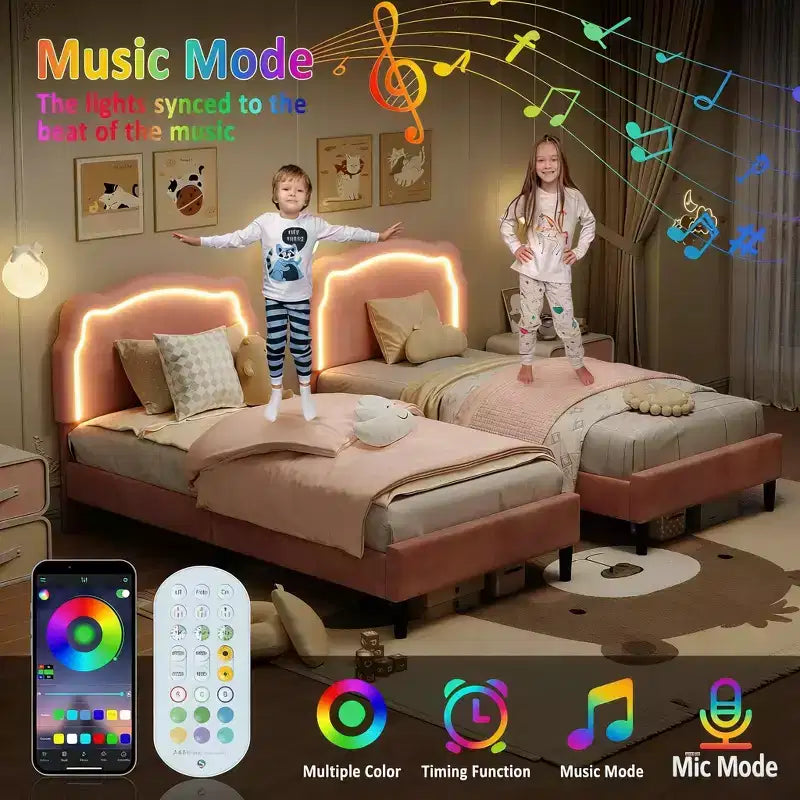 Cadre de lit double rembourré à LED pour enfants, cadre de lit plateforme princesse en velours avec tête de lit, support à lattes en bois, pas besoin de sommier tapissier