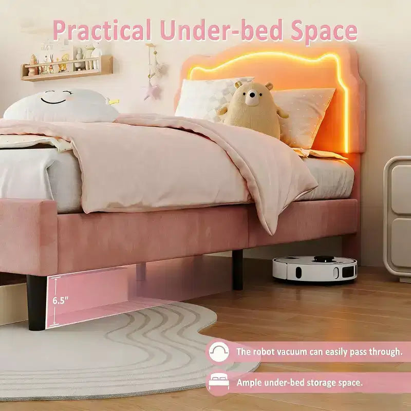 Cadre de lit double rembourré à LED pour enfants, cadre de lit plateforme princesse en velours avec tête de lit, support à lattes en bois, pas besoin de sommier tapissier