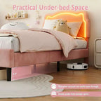 Cadre de lit double rembourré à LED pour enfants, cadre de lit plateforme princesse en velours avec tête de lit, support à lattes en bois, pas besoin de sommier tapissier
