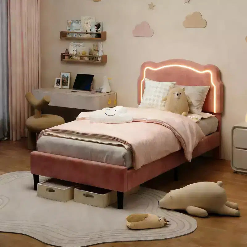 Cadre de lit double rembourré à LED pour enfants, cadre de lit plateforme princesse en velours avec tête de lit, support à lattes en bois, pas besoin de sommier tapissier