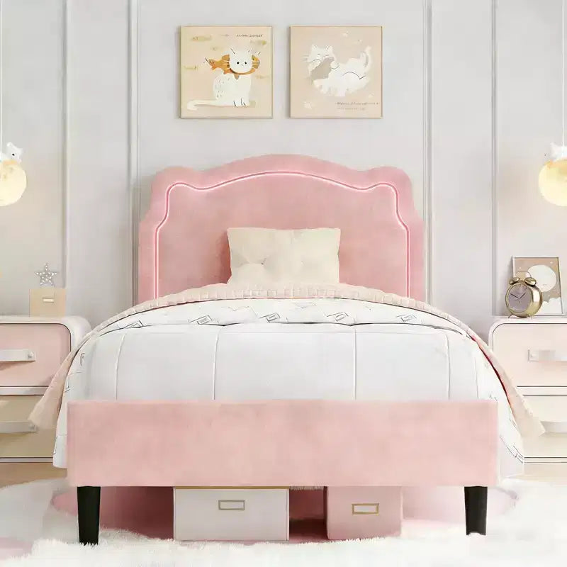 Cadre de lit double rembourré à LED pour enfants, cadre de lit plateforme princesse en velours avec tête de lit, support à lattes en bois, pas besoin de sommier tapissier