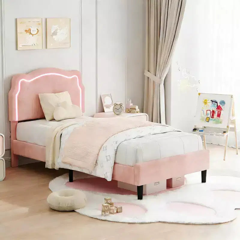 Cadre de lit double rembourré à LED pour enfants, cadre de lit plateforme princesse en velours avec tête de lit, support à lattes en bois, pas besoin de sommier tapissier