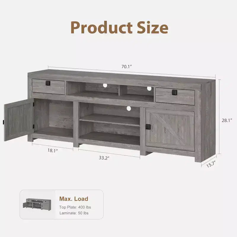 Meuble TV pour téléviseurs jusqu'à 80 pouces, meuble de divertissement style ferme avec tiroir de rangement, consoles de télévision pour salon, chambre à coucher