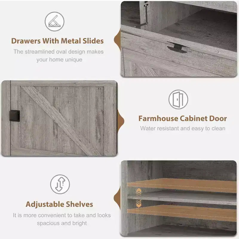 Meuble TV pour téléviseurs jusqu'à 80 pouces, meuble de divertissement style ferme avec tiroir de rangement, consoles de télévision pour salon, chambre à coucher
