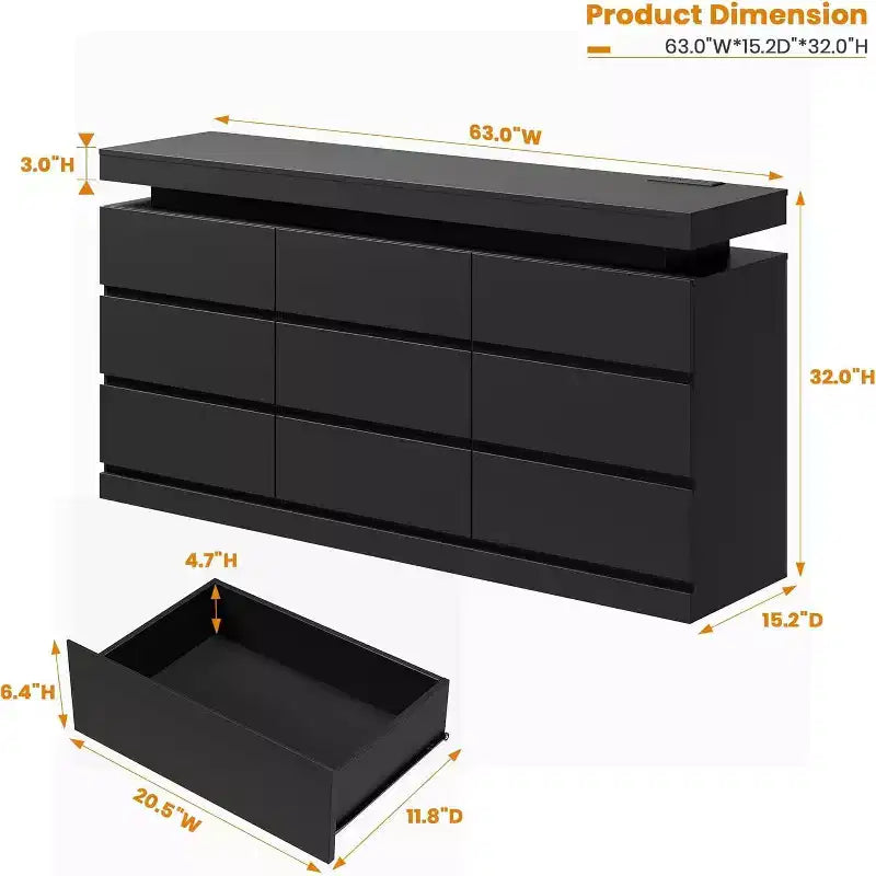 Commode à 9 tiroirs pour chambre à coucher, commode de 160 cm de large, grand meuble TV multifonctionnel pour salon, entrée, couloir