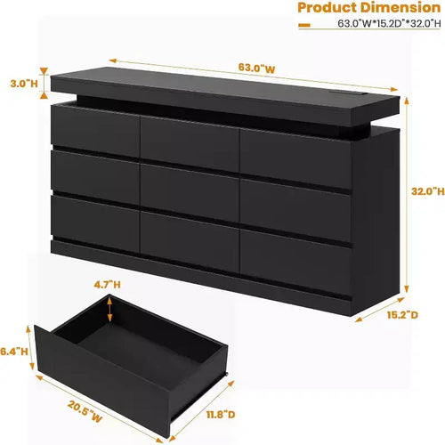 Commode à 9 tiroirs pour chambre à coucher, commode de 160 cm de large, grand meuble TV multifonctionnel pour salon, entrée, couloir
