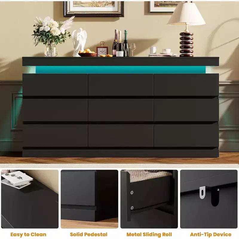 Commode à 9 tiroirs pour chambre à coucher, commode de 160 cm de large, grand meuble TV multifonctionnel pour salon, entrée, couloir