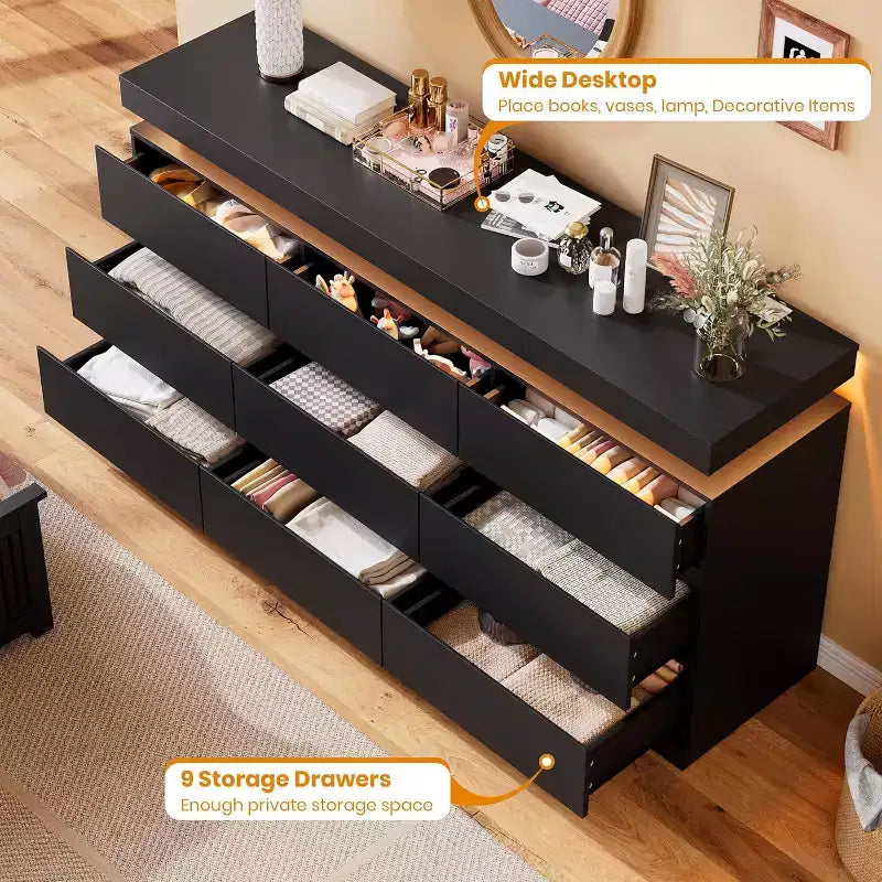 Commode à 9 tiroirs pour chambre à coucher, commode de 160 cm de large, grand meuble TV multifonctionnel pour salon, entrée, couloir
