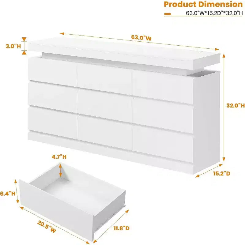 Commode à 9 tiroirs pour chambre à coucher, commode de 160 cm de large, grand meuble TV multifonctionnel pour salon, entrée, couloir