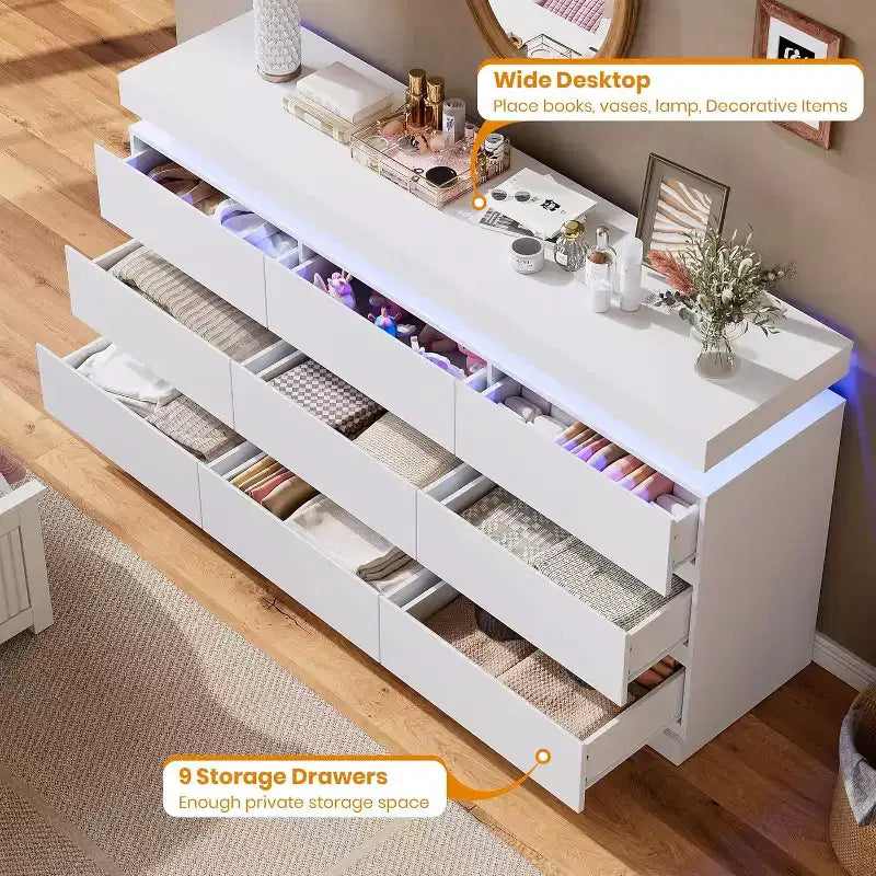 Commode à 9 tiroirs pour chambre à coucher, commode de 160 cm de large, grand meuble TV multifonctionnel pour salon, entrée, couloir