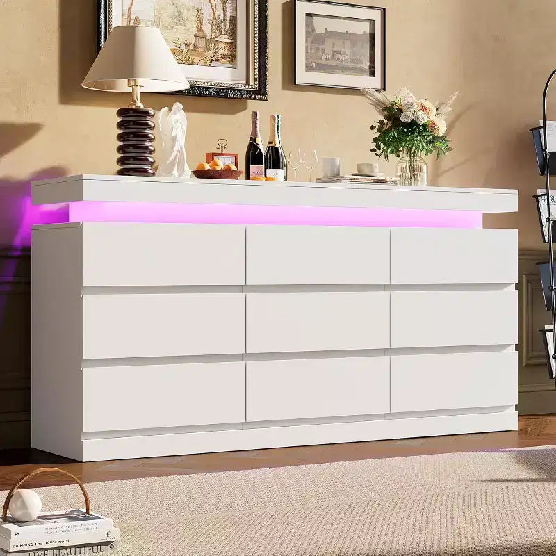 Commode à 9 tiroirs pour chambre à coucher, commode de 160 cm de large, grand meuble TV multifonctionnel pour salon, entrée, couloir