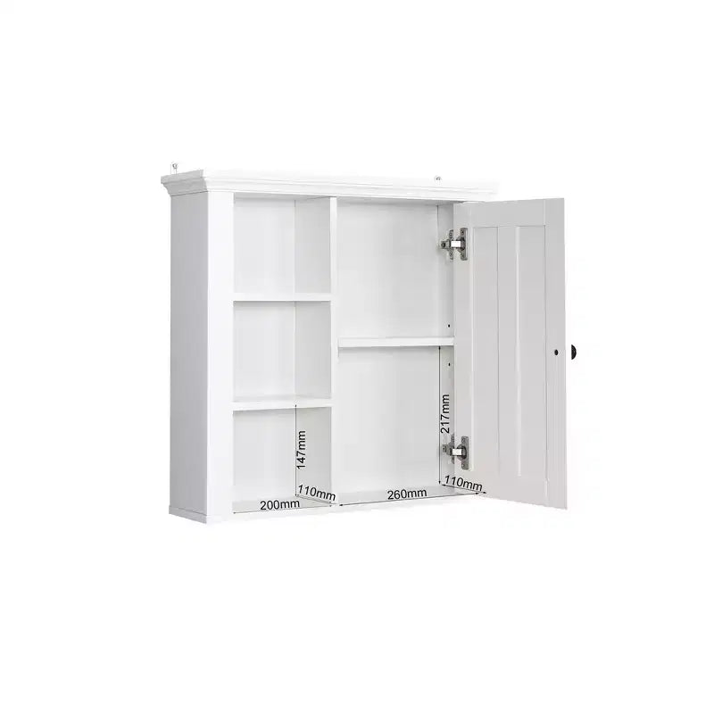 Meuble Haut de Salle de Bain, Armoire à Pharmacie avec Porte et 3 Étagères Ouvertes, Organisateur de Rangement Mural pour Salle de Bain, Cuisine, Salon