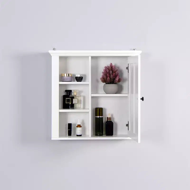 Meuble Haut de Salle de Bain, Armoire à Pharmacie avec Porte et 3 Étagères Ouvertes, Organisateur de Rangement Mural pour Salle de Bain, Cuisine, Salon