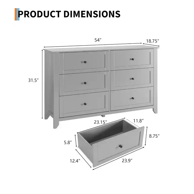 Commode à 6 tiroirs pour chambre, commode de rangement moderne de 54 pouces pour vêtements, commode de rangement avec tiroirs profonds pour salon, couloir