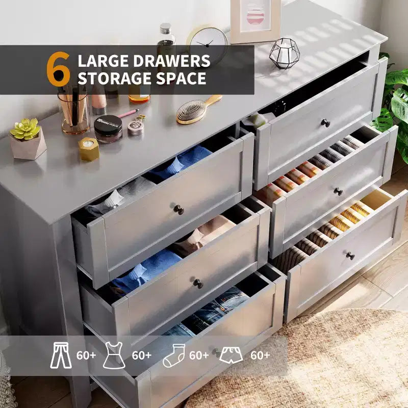 Commode à 6 tiroirs pour chambre, commode de rangement moderne de 54 pouces pour vêtements, commode de rangement avec tiroirs profonds pour salon, couloir