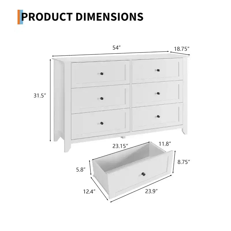 Commode à 6 tiroirs pour chambre, commode de rangement moderne de 54 pouces pour vêtements, commode de rangement avec tiroirs profonds pour salon, couloir