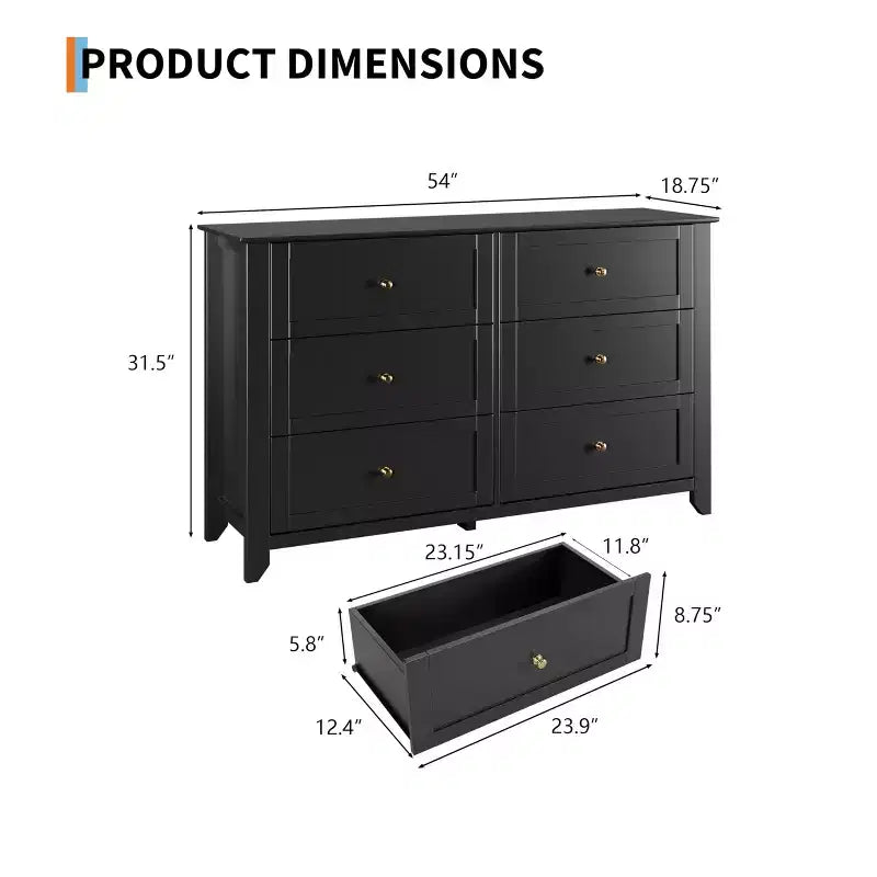 Commode à 6 tiroirs pour chambre, commode de rangement moderne de 54 pouces pour vêtements, commode de rangement avec tiroirs profonds pour salon, couloir
