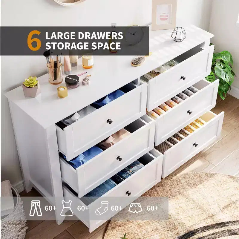 Commode à 6 tiroirs pour chambre, commode de rangement moderne de 54 pouces pour vêtements, commode de rangement avec tiroirs profonds pour salon, couloir