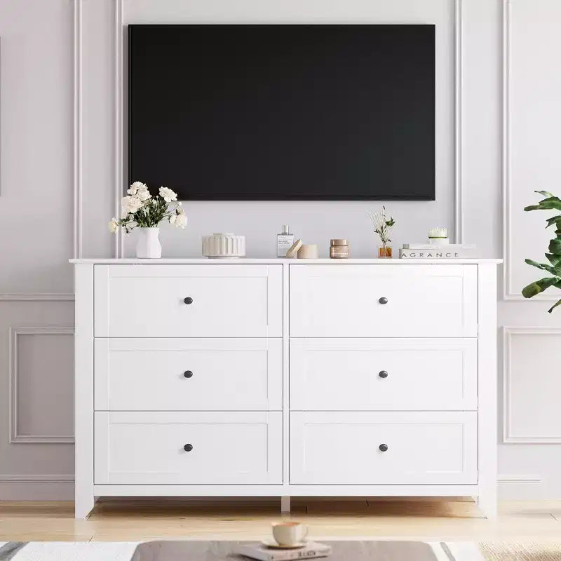 Commode à 6 tiroirs pour chambre, commode de rangement moderne de 54 pouces pour vêtements, commode de rangement avec tiroirs profonds pour salon, couloir