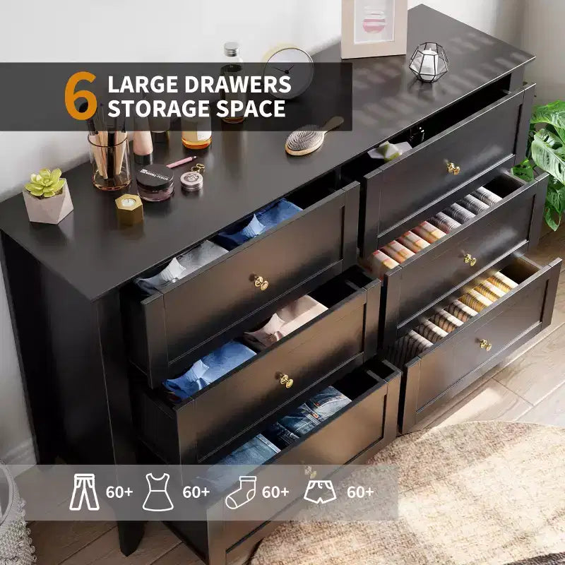 Commode à 6 tiroirs pour chambre, commode de rangement moderne de 54 pouces pour vêtements, commode de rangement avec tiroirs profonds pour salon, couloir