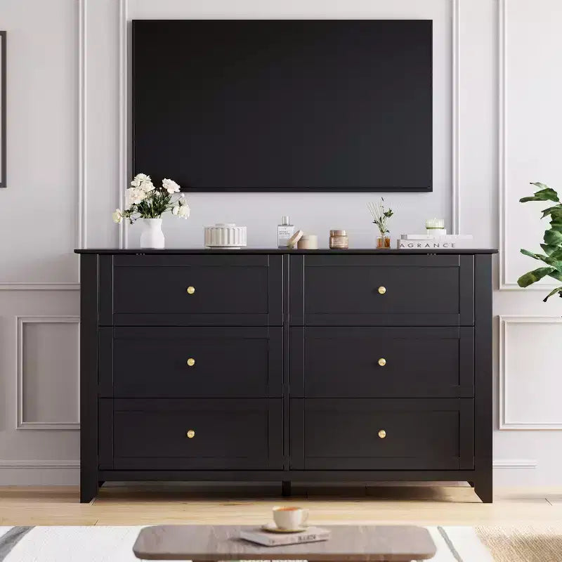 Commode à 6 tiroirs pour chambre, commode de rangement moderne de 54 pouces pour vêtements, commode de rangement avec tiroirs profonds pour salon, couloir
