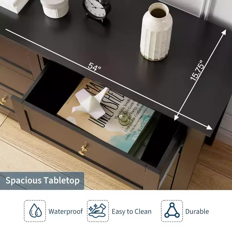 Commode à 6 tiroirs pour chambre, commode de rangement moderne de 54 pouces pour vêtements, commode de rangement avec tiroirs profonds pour salon, couloir