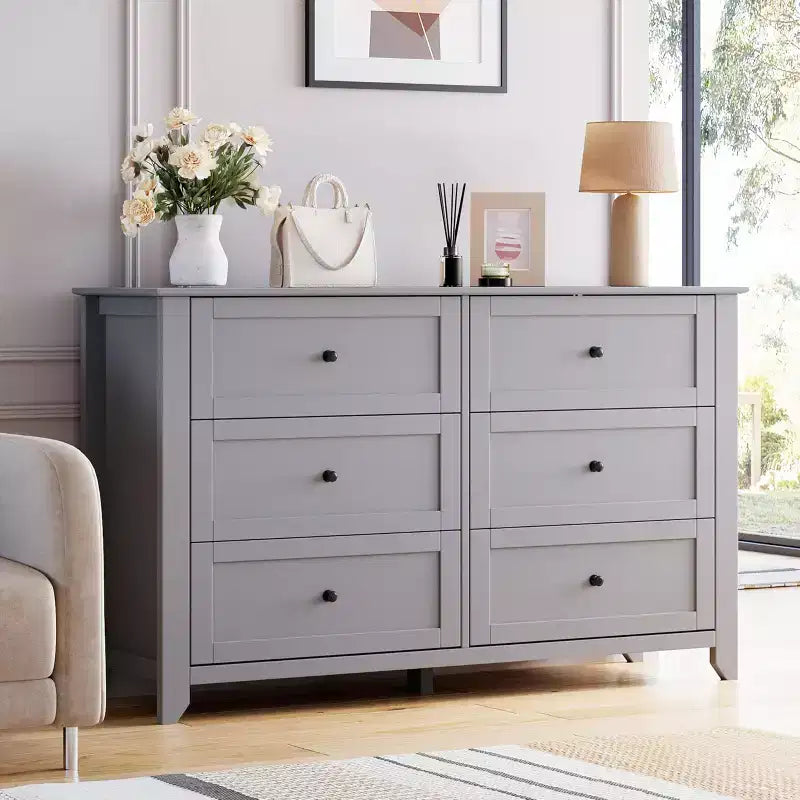 Commode à 6 tiroirs pour chambre, commode de rangement moderne de 54 pouces pour vêtements, commode de rangement avec tiroirs profonds pour salon, couloir