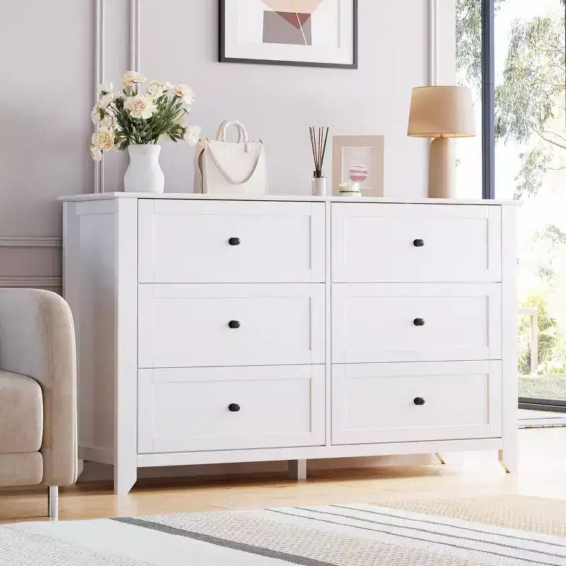 Commode à 6 tiroirs pour chambre, commode de rangement moderne de 54 pouces pour vêtements, commode de rangement avec tiroirs profonds pour salon, couloir