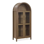 MAYEERTY Meuble de Rangement Haut Arqué avec Lampe, Meuble de Rangement en Bois de Style Rétro Moderne avec Cloisons en Verre Réglables Marron