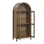 MAYEERTY Meuble de Rangement Haut Arqué avec Lampe, Meuble de Rangement en Bois de Style Rétro Moderne avec Cloisons en Verre Réglables Marron