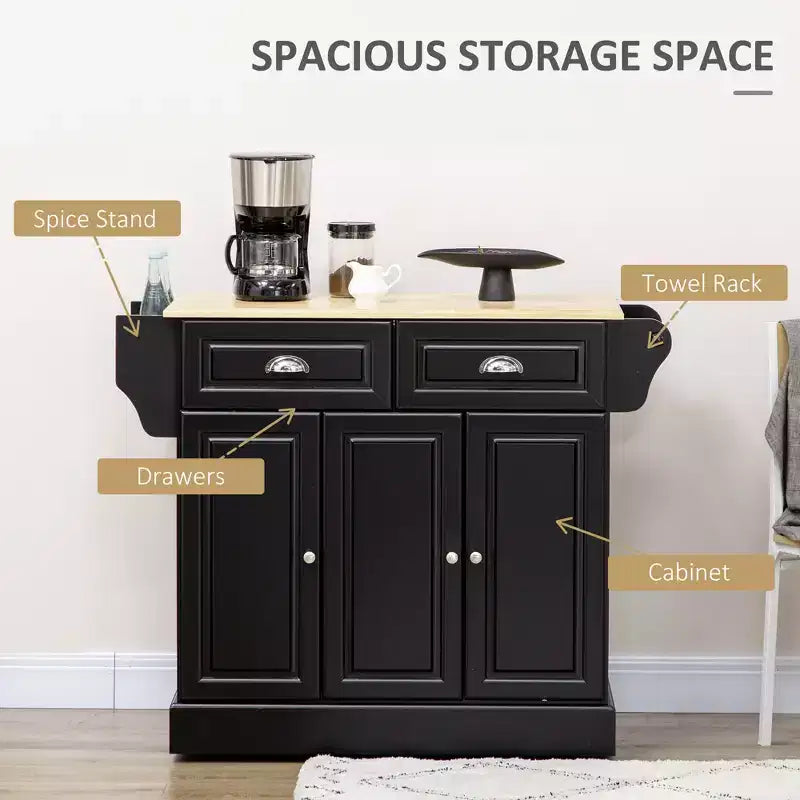 FAMYYT Chariot d'îlot de cuisine noir en bois d'hévéa lisse de 45,2 cm avec armoire à 3 portes et 2 tiroirs