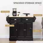 FAMYYT Chariot d'îlot de cuisine noir en bois d'hévéa lisse de 45,2 cm avec armoire à 3 portes et 2 tiroirs
