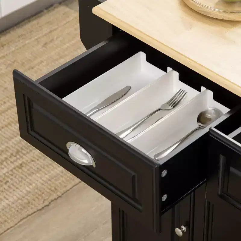 FAMYYT Chariot d'îlot de cuisine noir en bois d'hévéa lisse de 45,2 cm avec armoire à 3 portes et 2 tiroirs