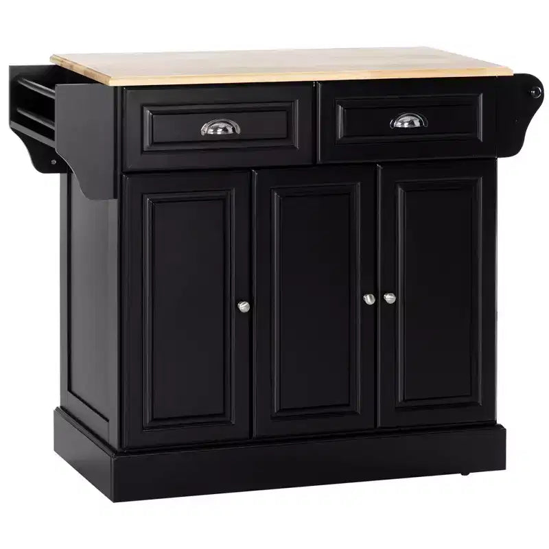 FAMYYT Chariot d'îlot de cuisine noir en bois d'hévéa lisse de 45,2 cm avec armoire à 3 portes et 2 tiroirs