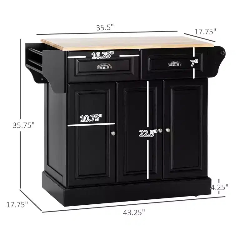 FAMYYT Chariot d'îlot de cuisine noir en bois d'hévéa lisse de 45,2 cm avec armoire à 3 portes et 2 tiroirs