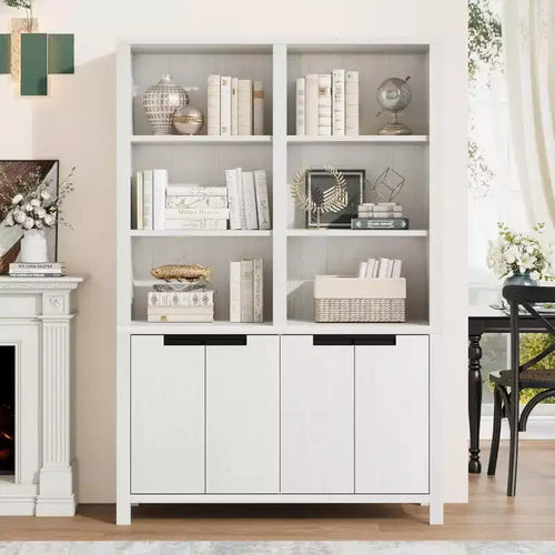 70.7Inch Tall Double Wide Bookshelf with Doors and Adjustable Shelves,5Tier Farmhouse Bookcase with Cabinet and Double Storage for Living Room,Office