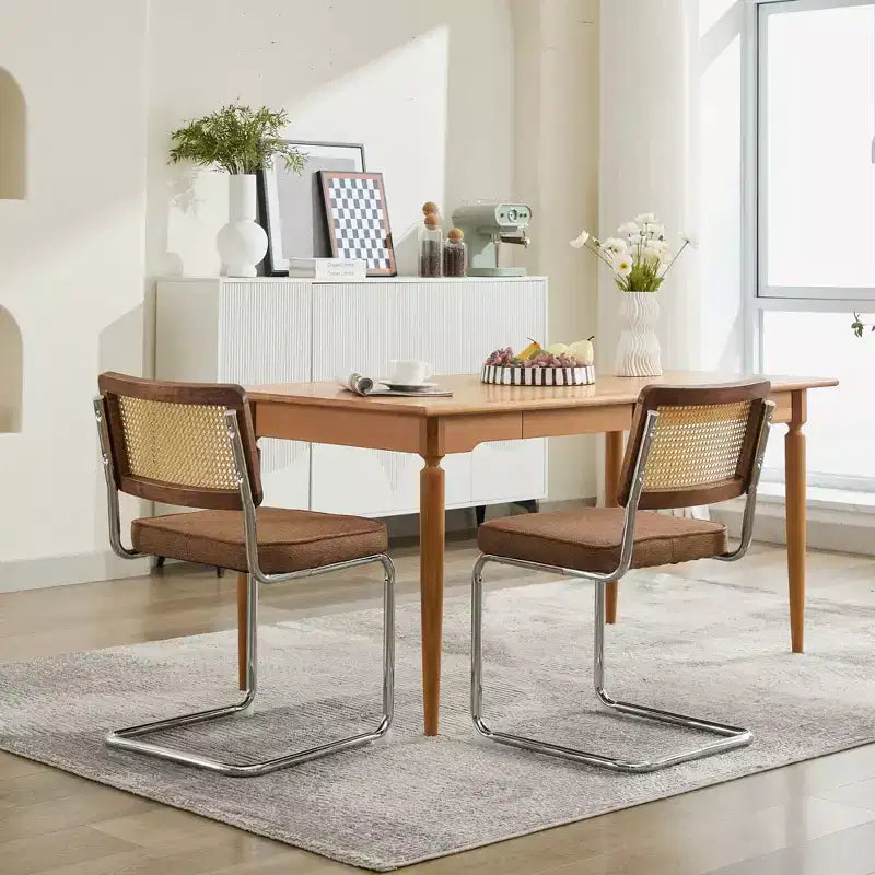 TUYOHW Lot de 2 chaises de salle à manger modernes, chaises d'appoint avec dossier en rotin naturel, base en acier chromé, chaises en rotin rembourrées en lin pour salle à manger