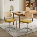 TUYOHW Lot de 2 chaises de salle à manger modernes, chaises d'appoint avec dossier en rotin naturel, base en acier chromé, chaises en rotin rembourrées en lin pour salle à manger