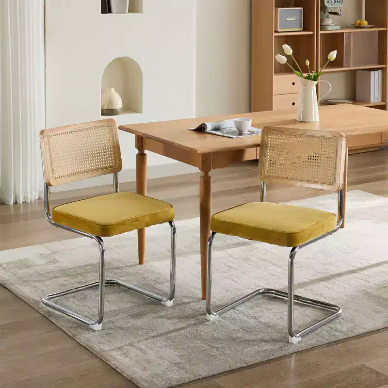 TUYOHW Lot de 2 chaises de salle à manger modernes, chaises d'appoint avec dossier en rotin naturel, base en acier chromé, chaises en rotin rembourrées en lin pour salle à manger